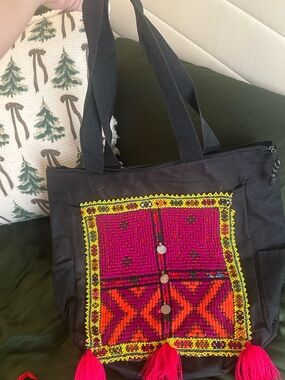 Boho Embroidered Black Tote with Pink & Red Accent